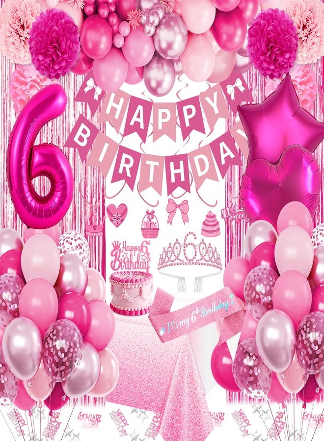 Fantspati 6th Birthday Decorations for Girls, Pink Party Decorations with Number 6 Balloon Happy Birthday Banner Bday Sash Crown Tablecloth Fringe Curtain Hanging Swirl for 6 Year Old Girl Bday Decor - Image 1